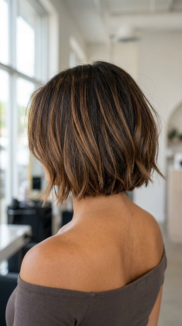 short italian bob haircut in dark chocolate with golden-brown balayage highlights, razor-cut for piecey ends — edgy music festival