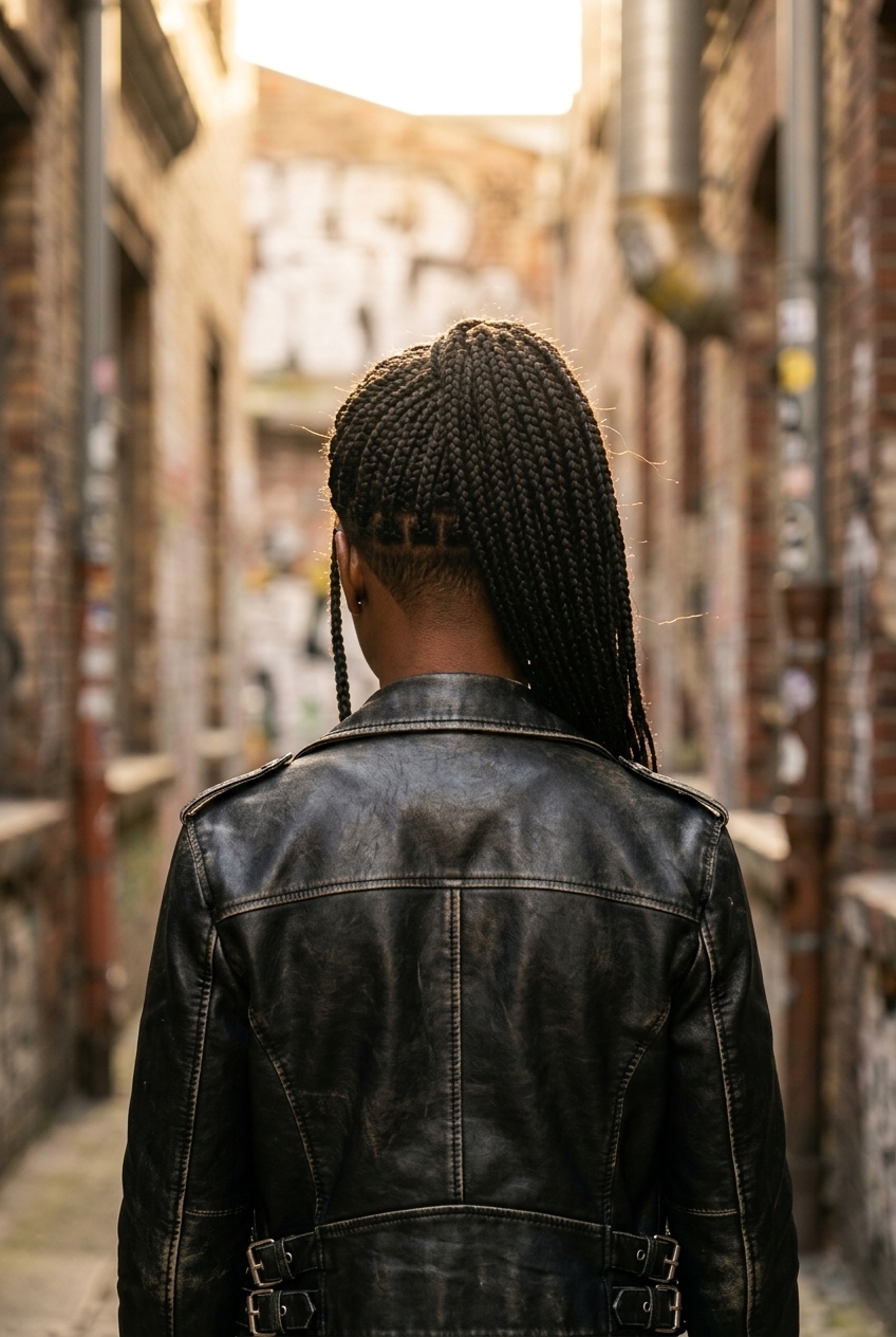 long deep black braids with tapered nape, uniform medium braids, no fringe — edgy concert style