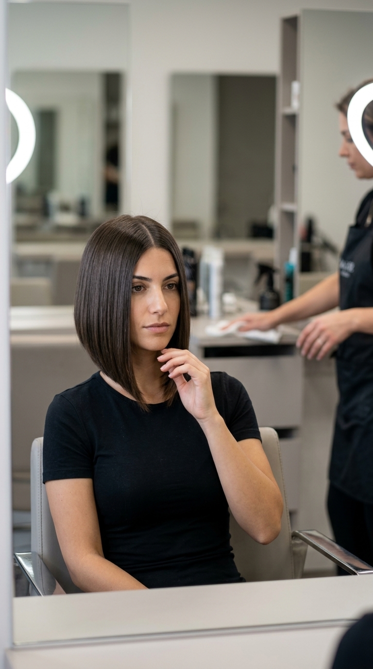 Angular Brown Bob 2026 chin-length angular bob haircut in deep neutral brown with blunt A-line and sharp center part
