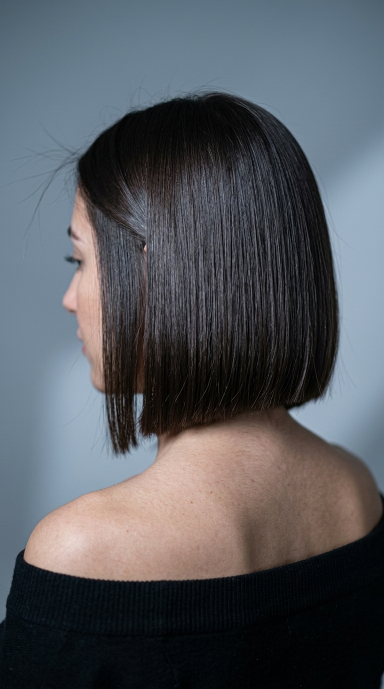 jawline-length blunt bob haircut with deep brown, cool undertones, and asymmetrical cut for edgy modern style
