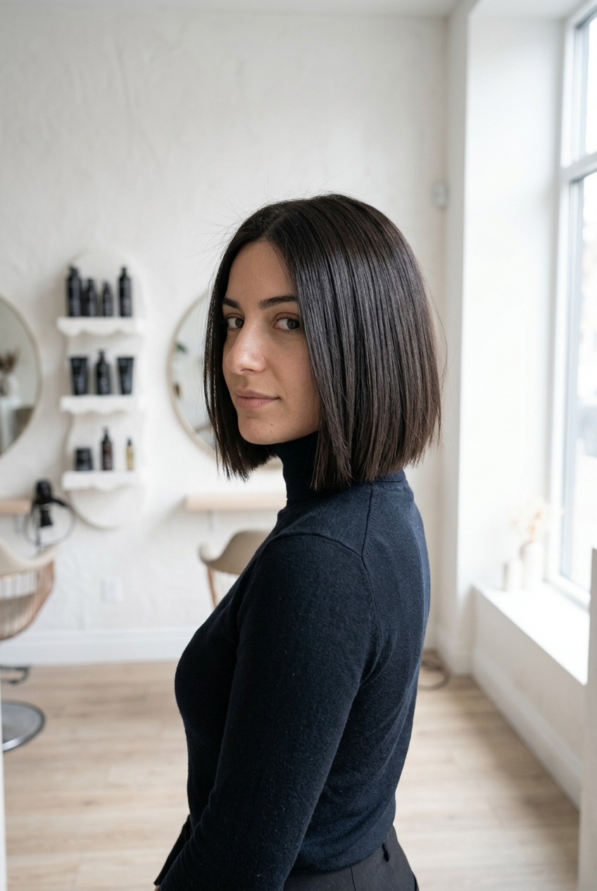 chin-length blunt bob haircut with deep brunette, cool undertones, and razored ends for edgy cool
