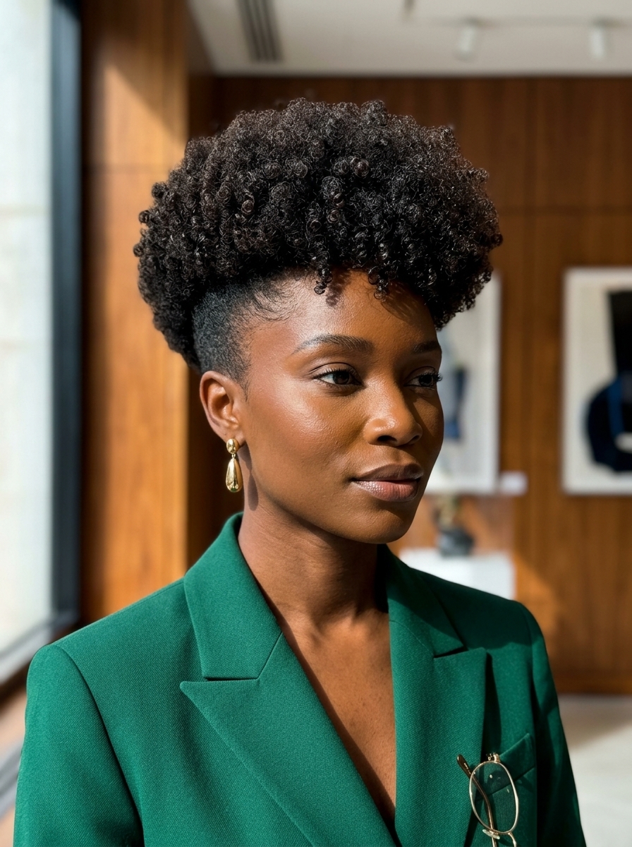 short deep brunette afro haircut with sculpted coils and precision clipper fade for summer