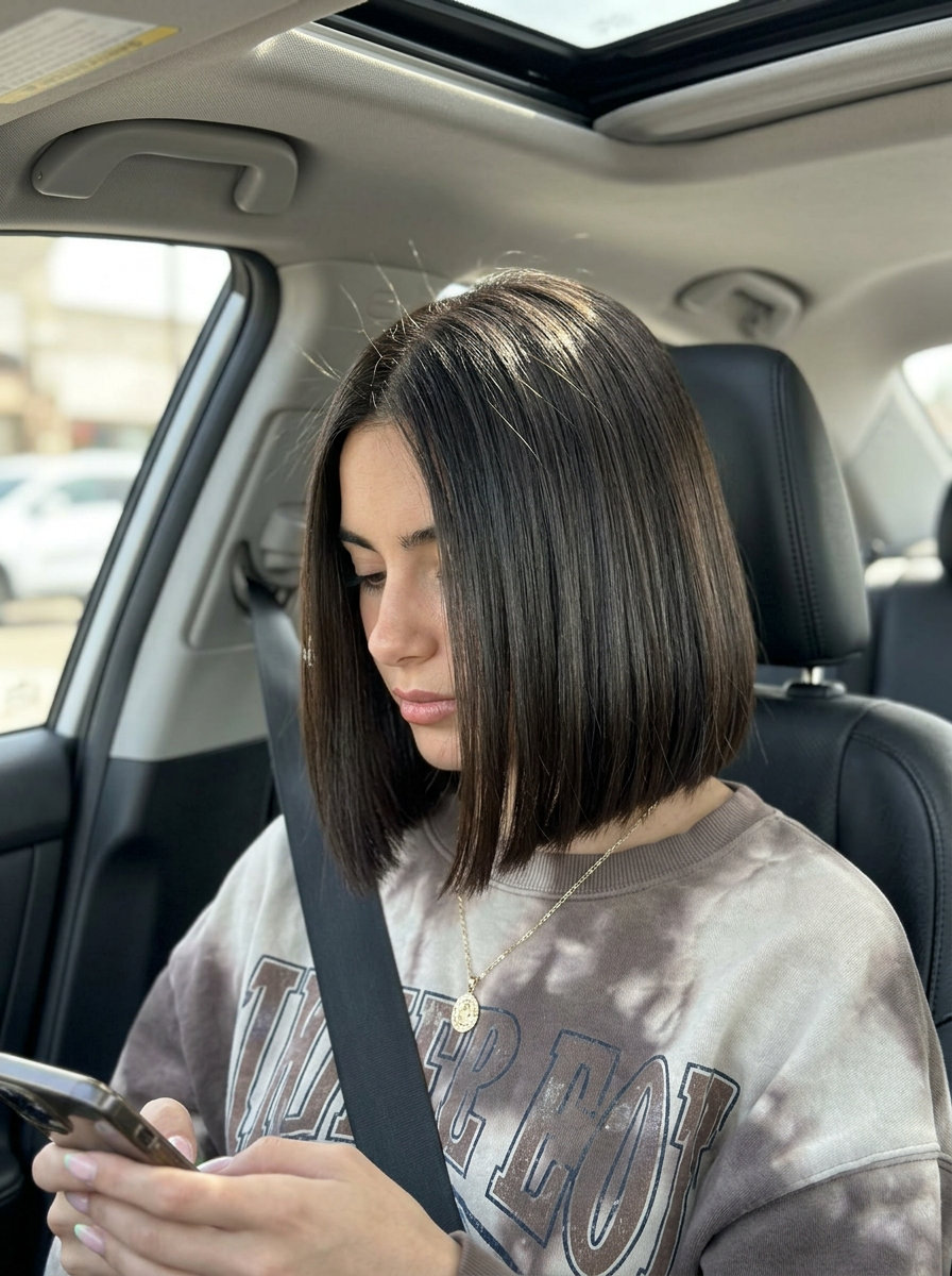 Executive Espresso Bob Haircut 2026 chin-length blunt bob haircut with deep espresso brunette, invisible internal layers and no bangs for summer