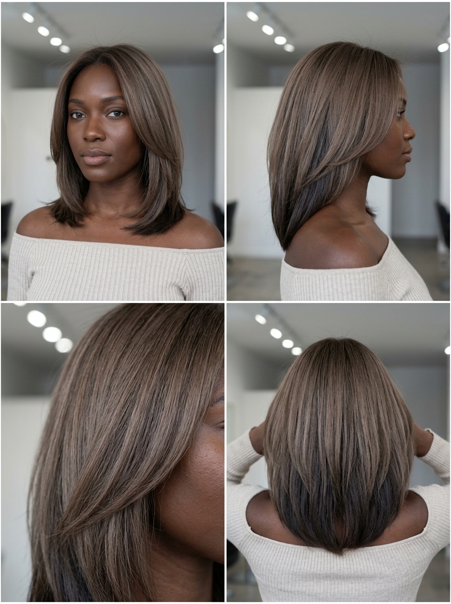 long ash brown hair color with undercoat reveal, peek-a-boo technique for edgy weekend wear