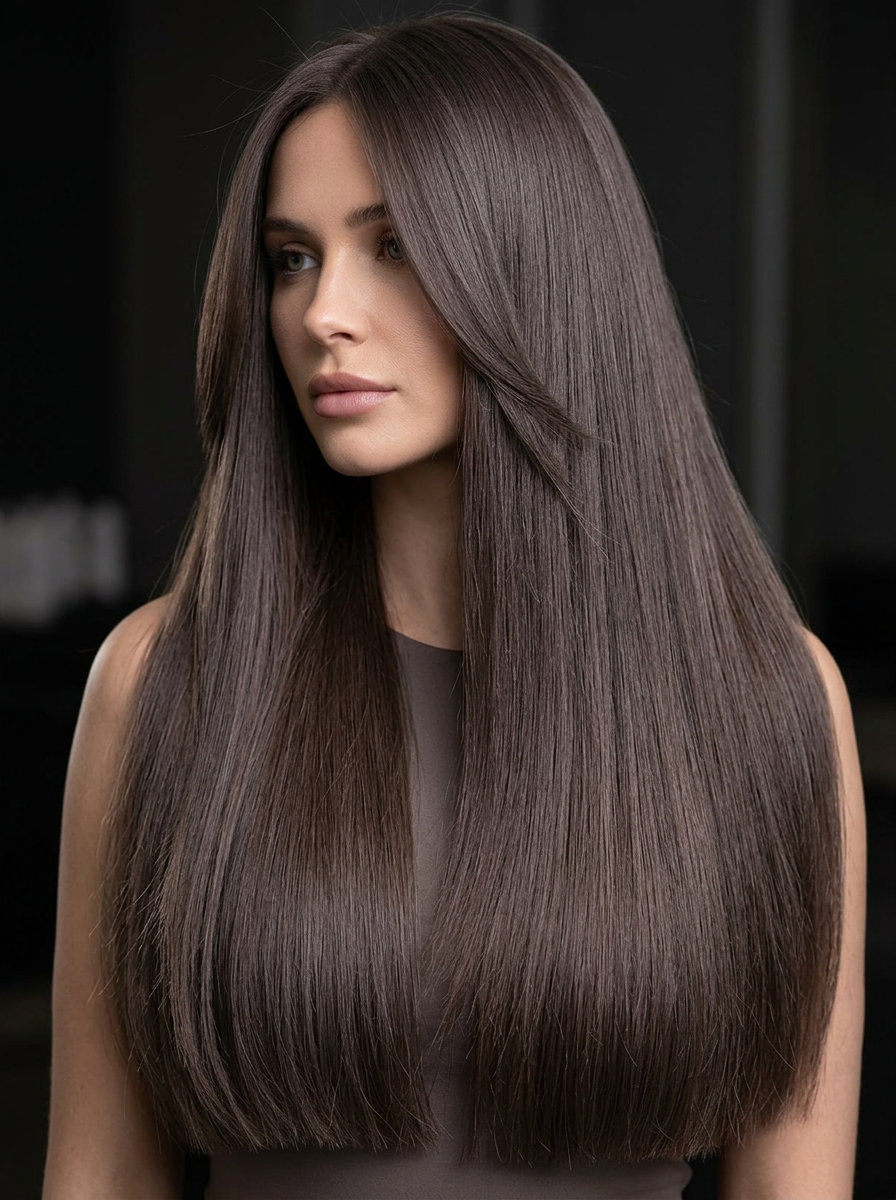 Sleek Mushroom Glamour: Long Deep Mushroom Brown Hair 2026 extra-long deep muted mocha mushroom brown hair with uniform color and blunt ends for formal events