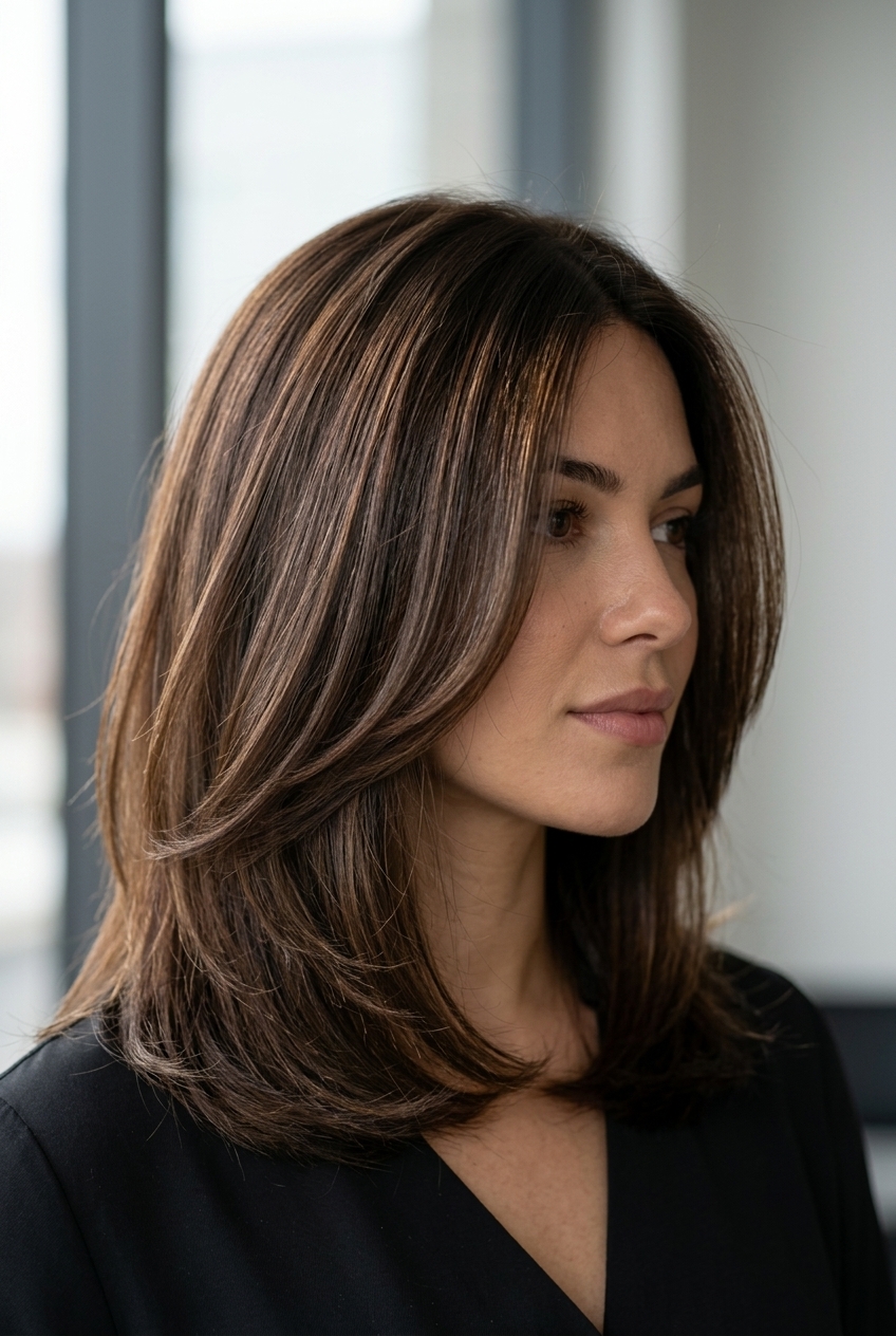 medium U-shaped haircut with deep syrup brunette, internal ghost layers for sophisticated events