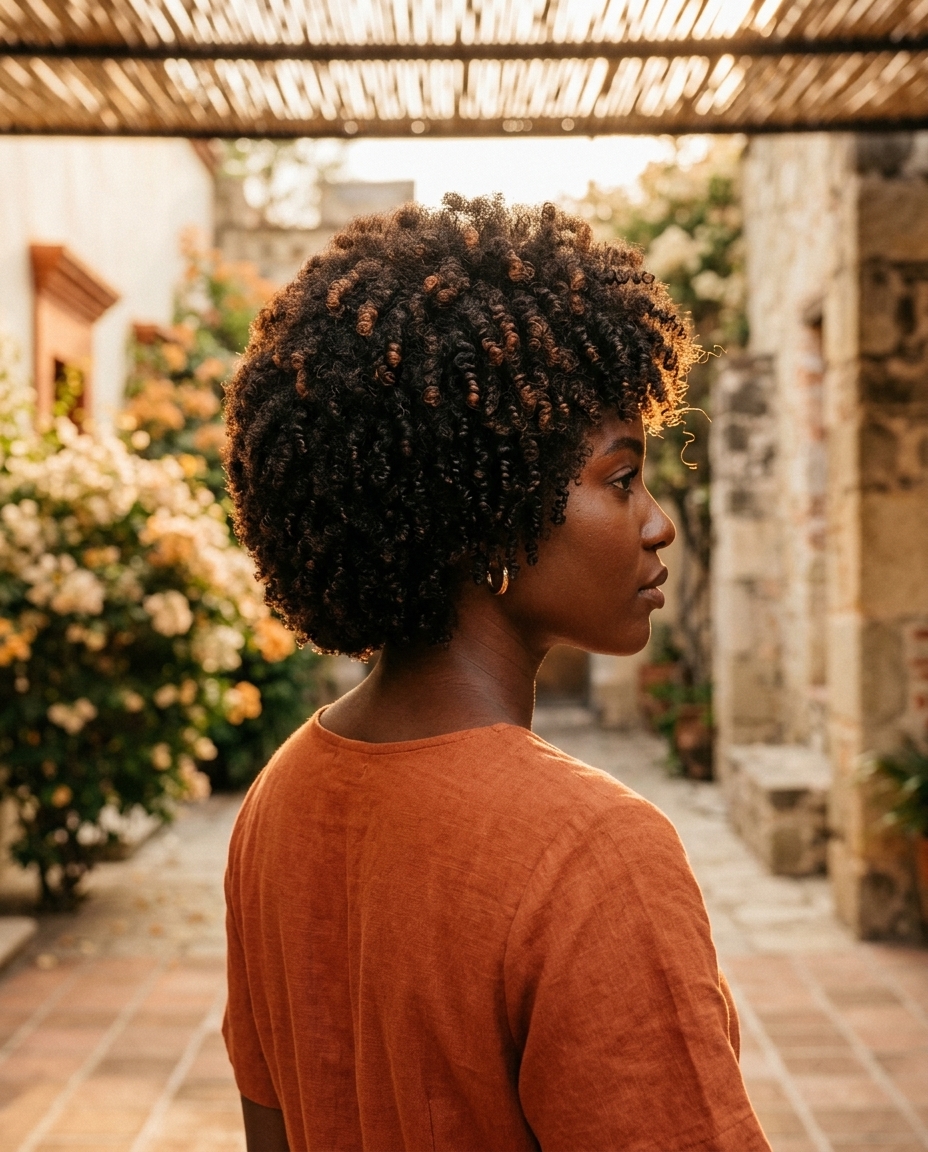 short natural ebony afro haircut with sculpted coils and subtle warm babylights for summer