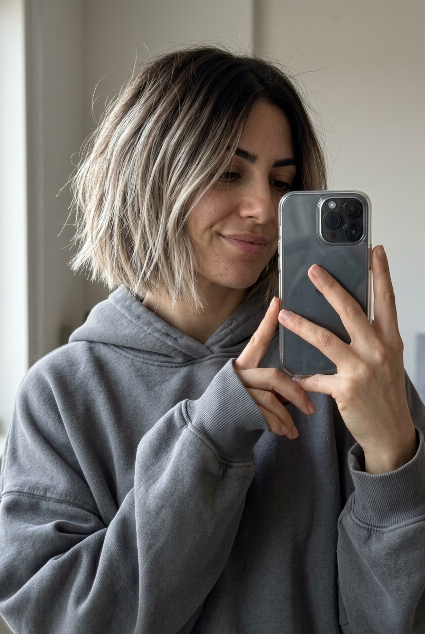 Espresso Ash Blonde Razor Bob 2026 chin-length espresso to ash blonde bob with choppy ends and deep side part for round face