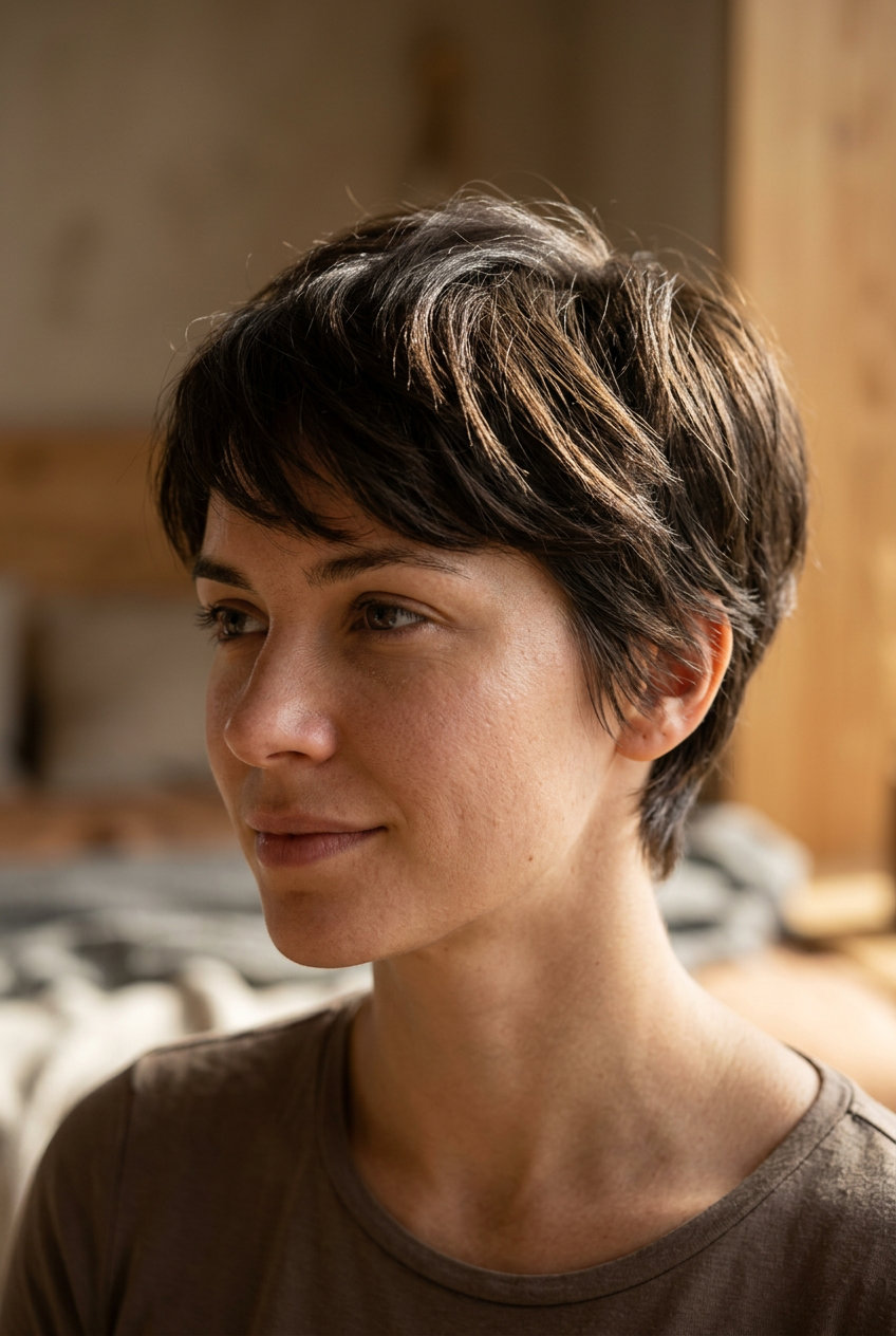 Tousled Espresso Pixie 2026: Rich Brunette very short espresso brown pixie haircut with tousled texture, soft taper for summer