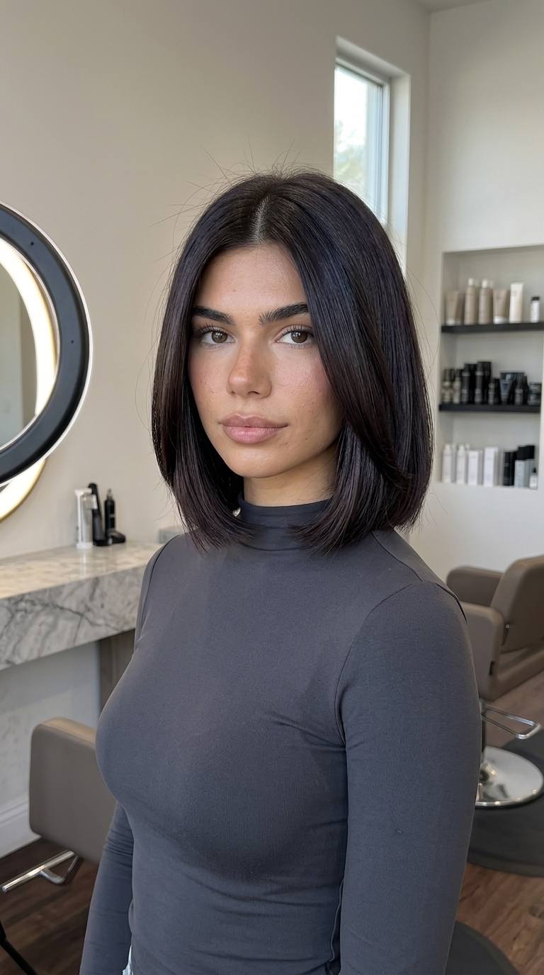 Espresso Brunette Bob 2026 chin-length espresso brunette bob with blunt perimeter and internal layers for round face