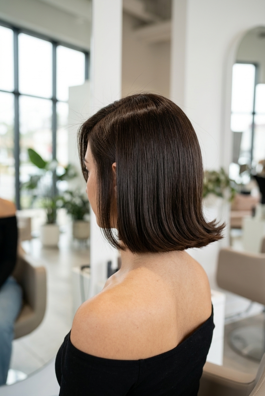 Chic Bottleneck Bob 2026: Espresso Brunette for Round Faces chin-length bottleneck bob with deep espresso brunette, blunt perimeter, deep side part — chic summer style