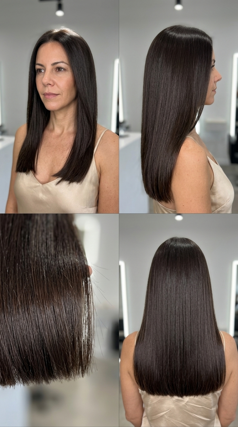Polished Espresso Silk Haircut 2026 long espresso brunette haircut with blunt ends and deep side part for summer