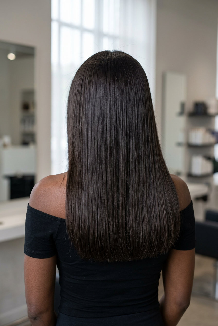 long blunt cut with espresso bean brunette, cool dark brown and clear gloss for polished look