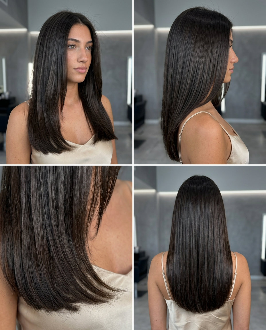 Espresso Brunette Blunt Long Hair 2026 long blunt haircut in deep espresso brunette with high-gloss finish, razor-sharp perimeter — sophisticated, elegant