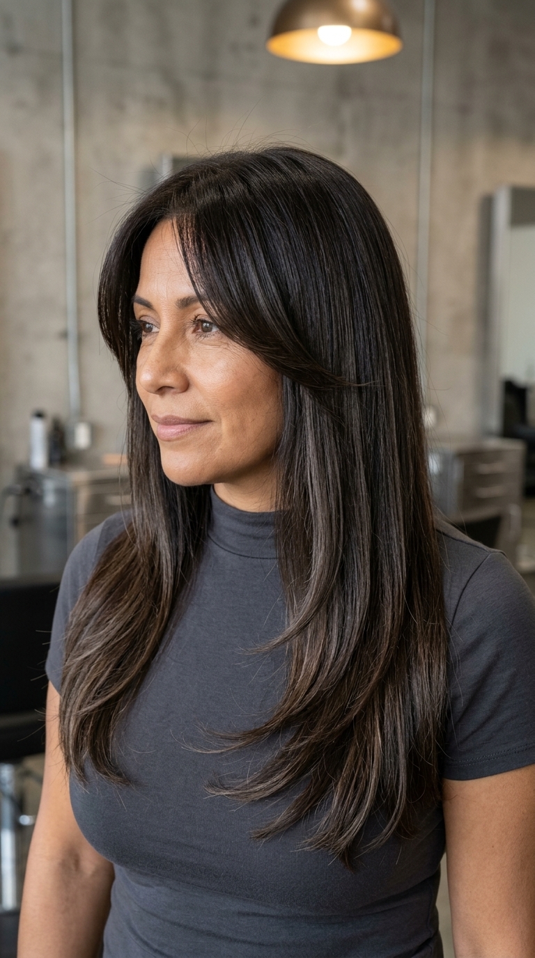Effortless Espresso Cascades 2026 long espresso brunette haircut with ash brown ribbons and curtain bangs for summer