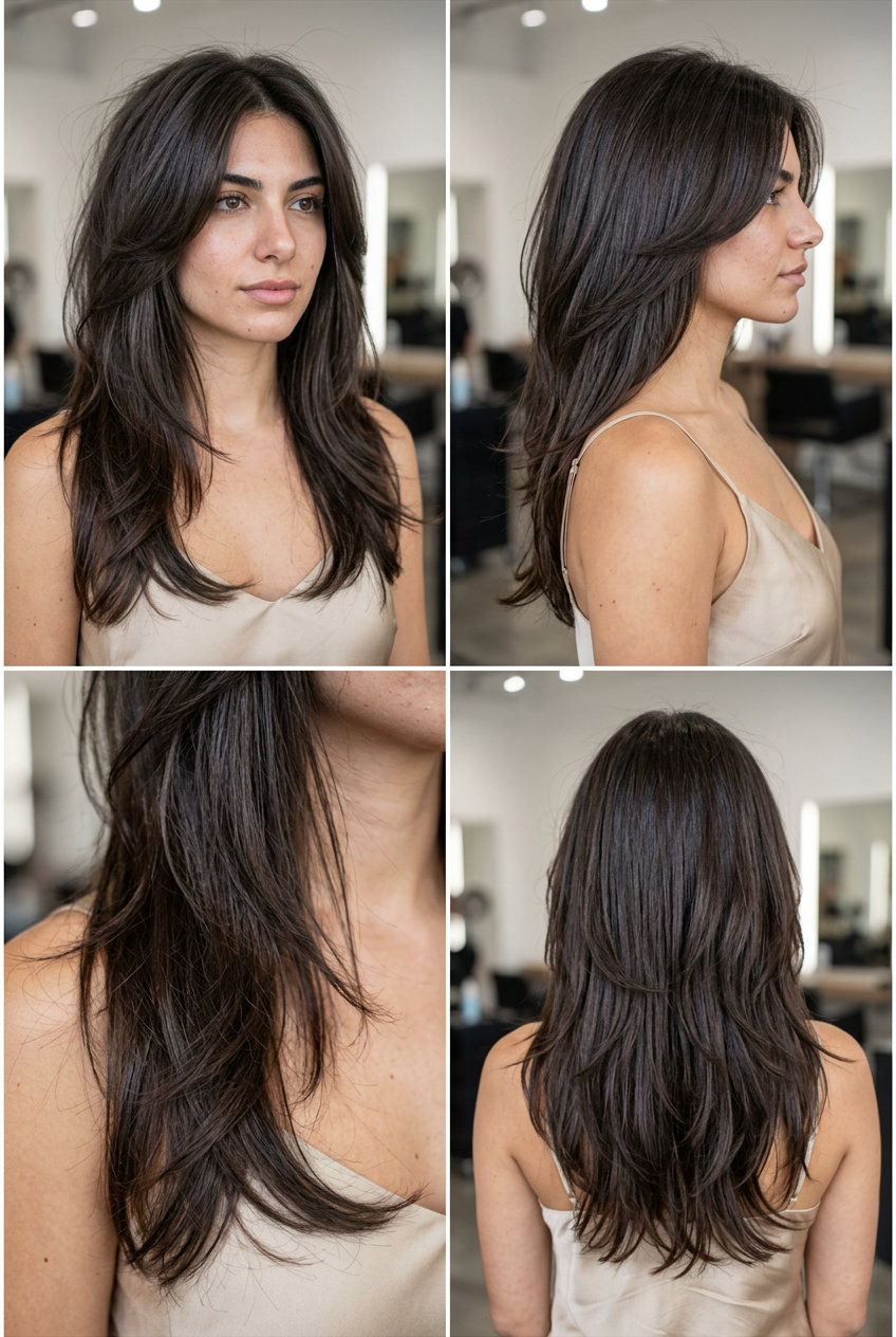 Espresso Butterfly Hybrid Long Hair 2026 long hybrid haircut in deep espresso brunette with liquid gloss, shag crown layers — bold, textured