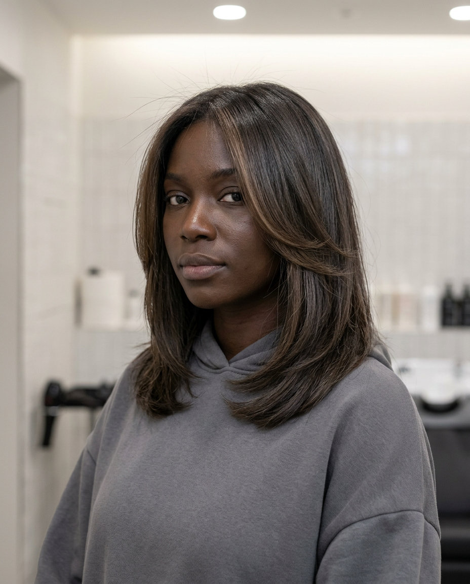 Earthy Espresso Money Pieces Hair Color 2026 long espresso brunette haircut with cool beige money pieces, face-framing highlights — bold professional look