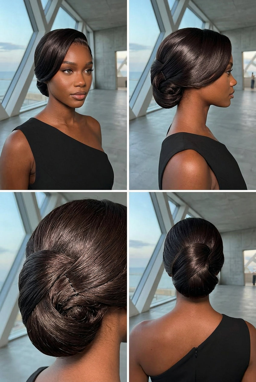 long sculpted updo with deep espresso brunette, high-shine finish, and avant-garde texture for summer