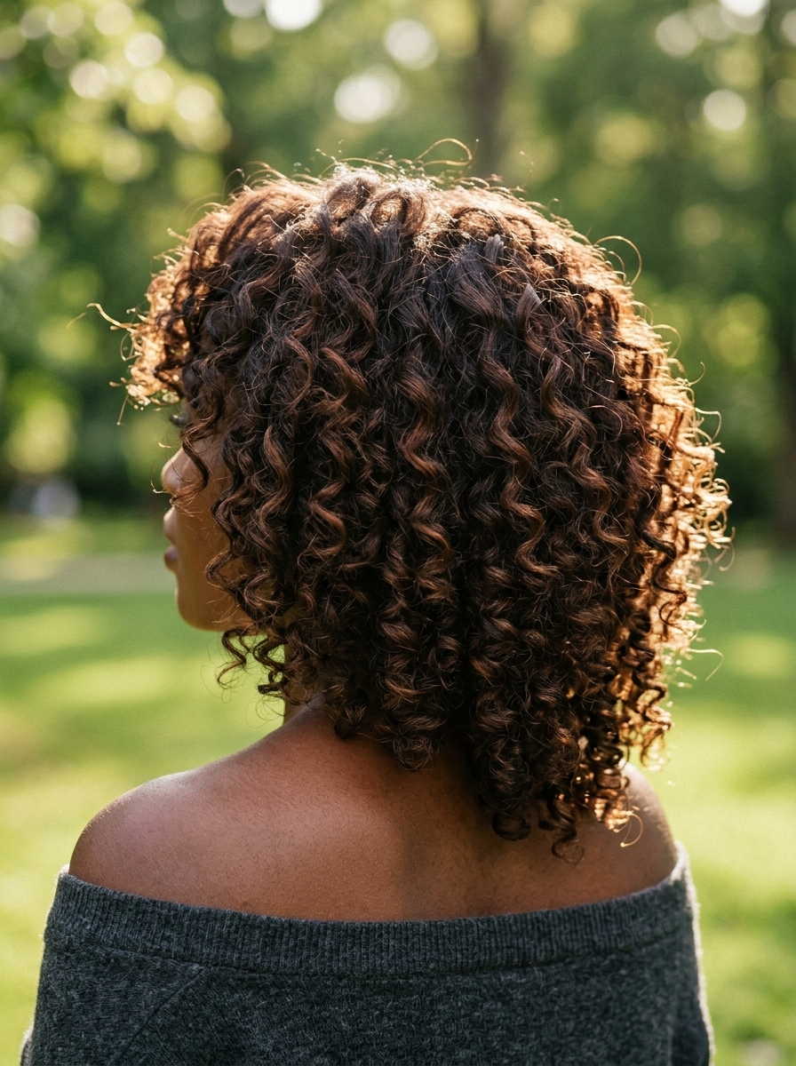 medium-length curly haircut with espresso roast lowlights, layered silhouette, no bangs — romantic soft