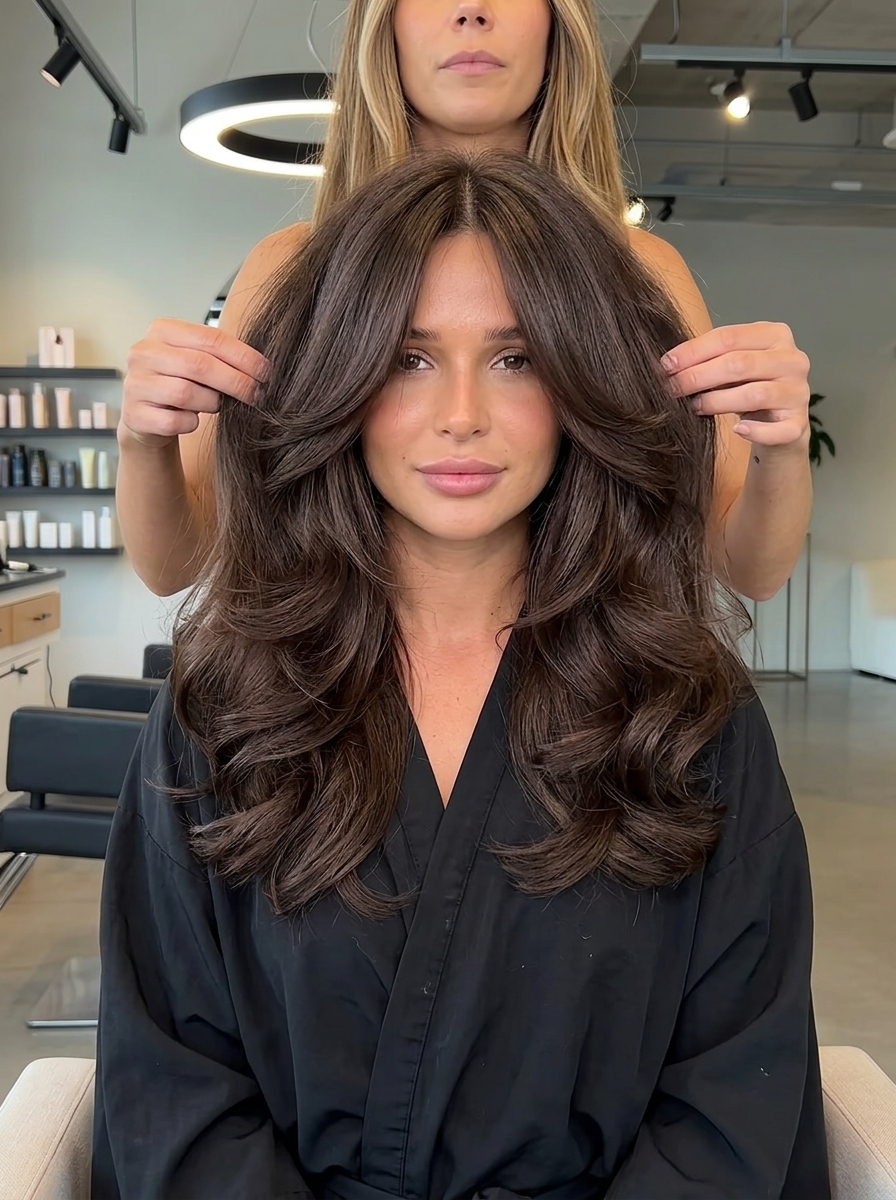 Retro Brunette Waves 2026 medium-long haircut in espresso brunette with C-shaped layers and deep side part for round face