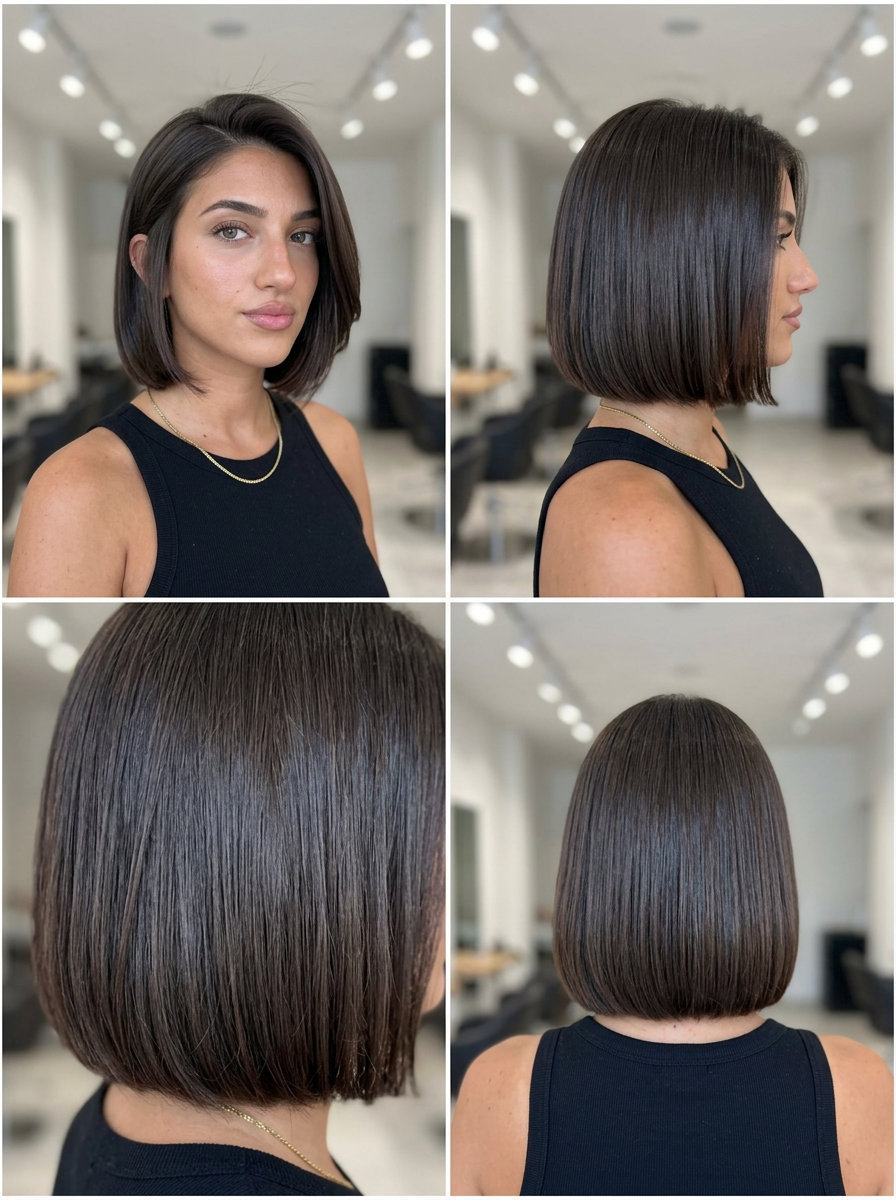 Espresso Brunette French Bob 2026 short french bob haircut in deep espresso brunette with cool undertones, blunt cut, deep side part — professional sharp