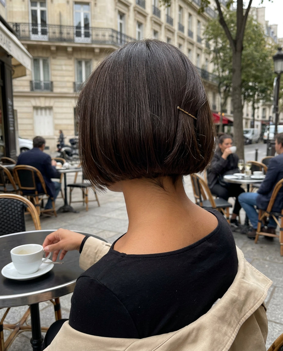 short French bob haircut in deep espresso brunette with blunt perimeter and micro-fringe for chic everyday