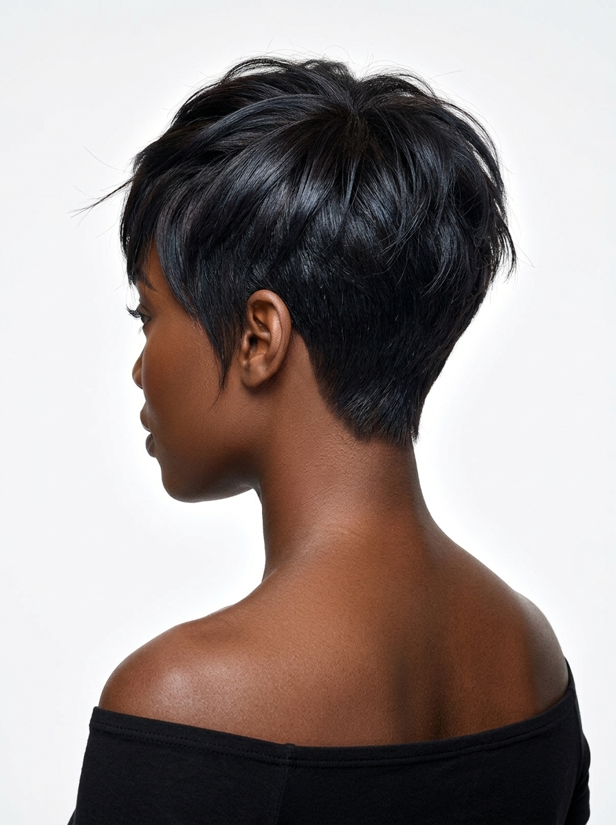 short pixie haircut with deep espresso brunette, cool undertones, asymmetrical shape — bold sophisticated