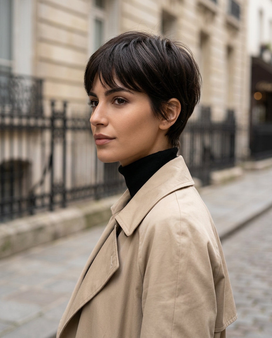 Parisian Crop: Chic Summer Haircut 2026 very short espresso brunette french pixie haircut with soft layers and tapered nape