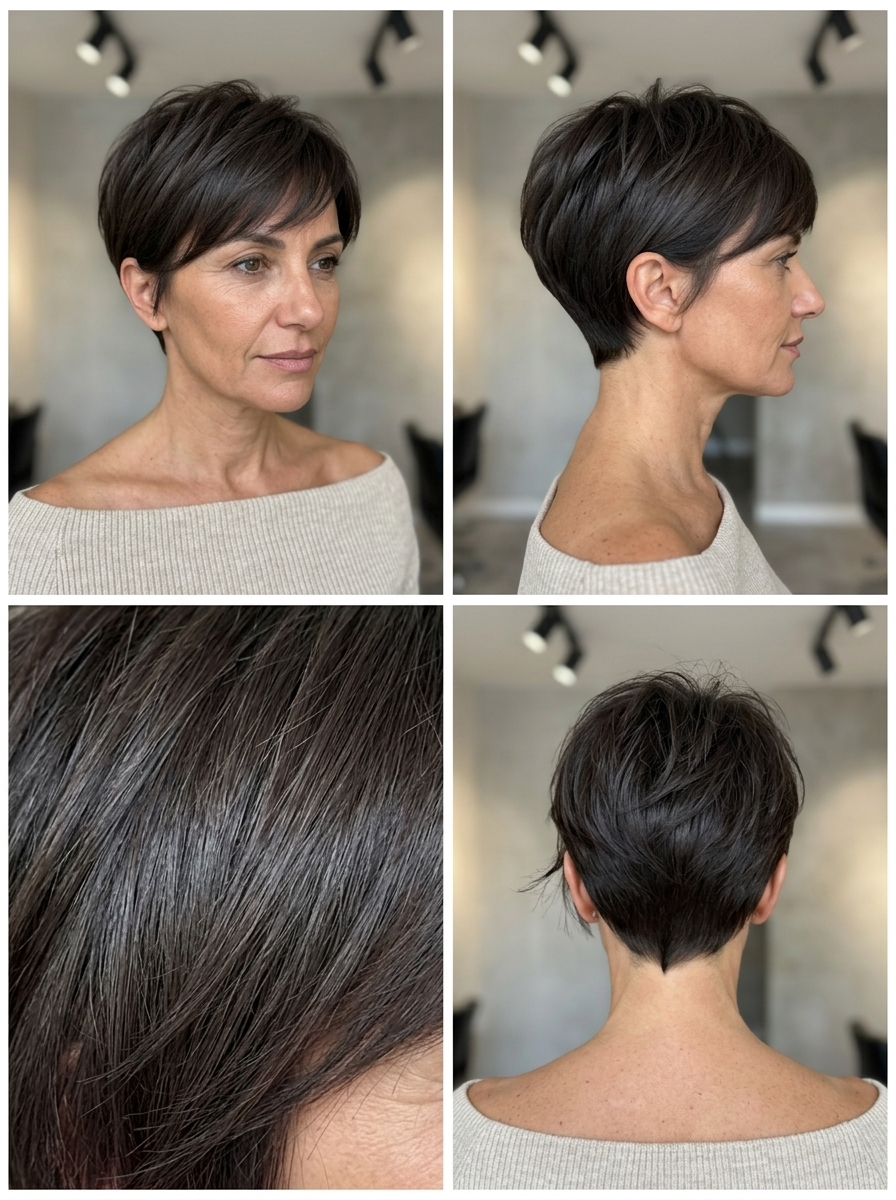 short espresso brunette pixie haircut with sculpted layers and side-swept fringe for summer
