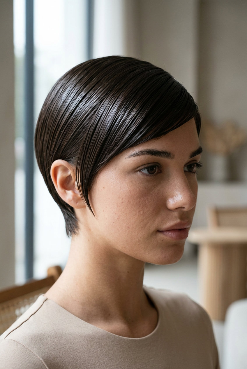Wet-Look Hydro Pixie 2026 very short razored pixie haircut in deep cool espresso brunette for summer