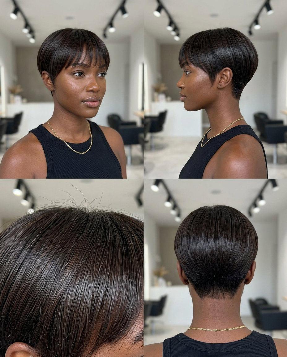 Executive Espresso Pixie 2026: Sleek Brunette very short espresso brunette pixie haircut with sleek finish, blunt fringe for summer