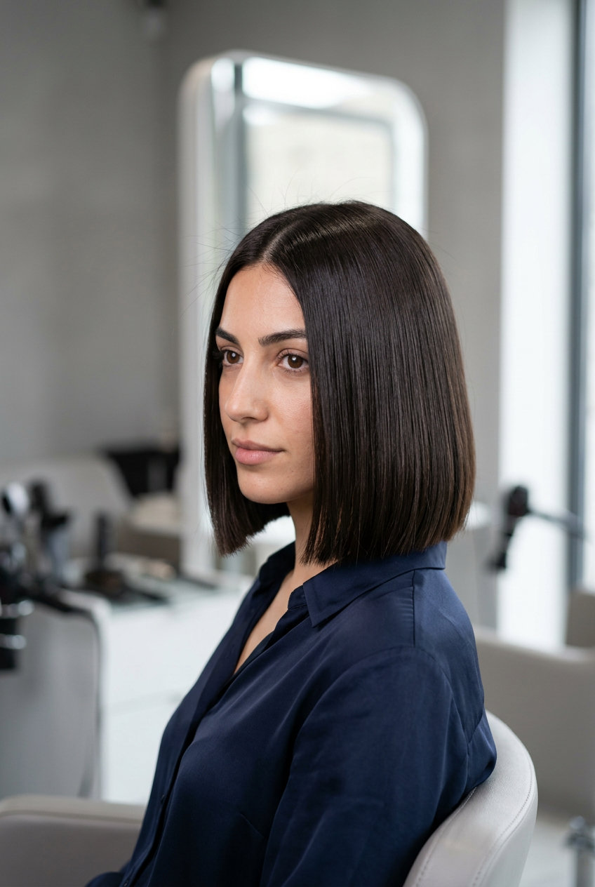 Sleek Espresso Bob: Sophisticated Brunette 2026 chin-length bob haircut in deep espresso brunette with blunt cut and high-gloss finish for summer