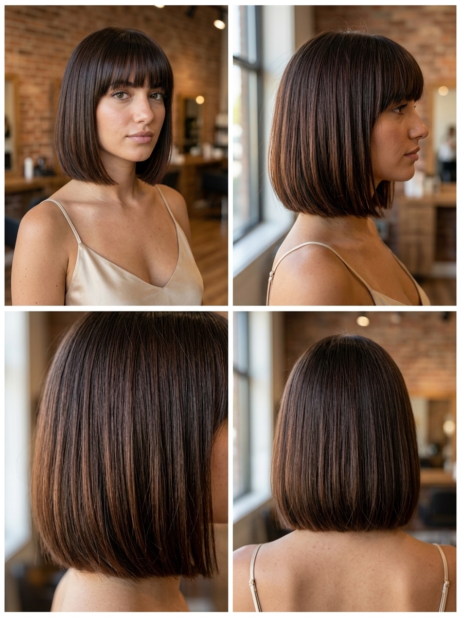 chin-length blunt bob haircut with rich espresso, mahogany undertones, and blunt fringe for chic romance