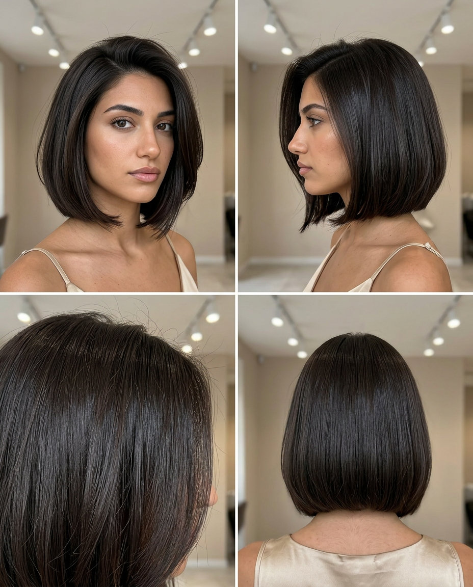 Espresso Italian Bob: Bold Brunette 2026 chin-length bob haircut in deep espresso brunette with blunt cut and side part for summer