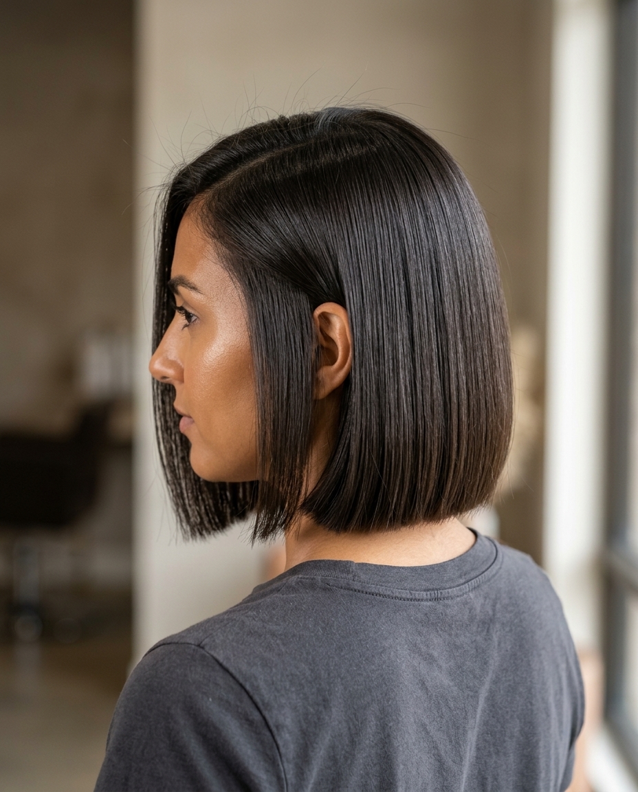 chin-length blunt bob haircut with deep espresso, cool undertones, and high-gloss finish for professional sophistication