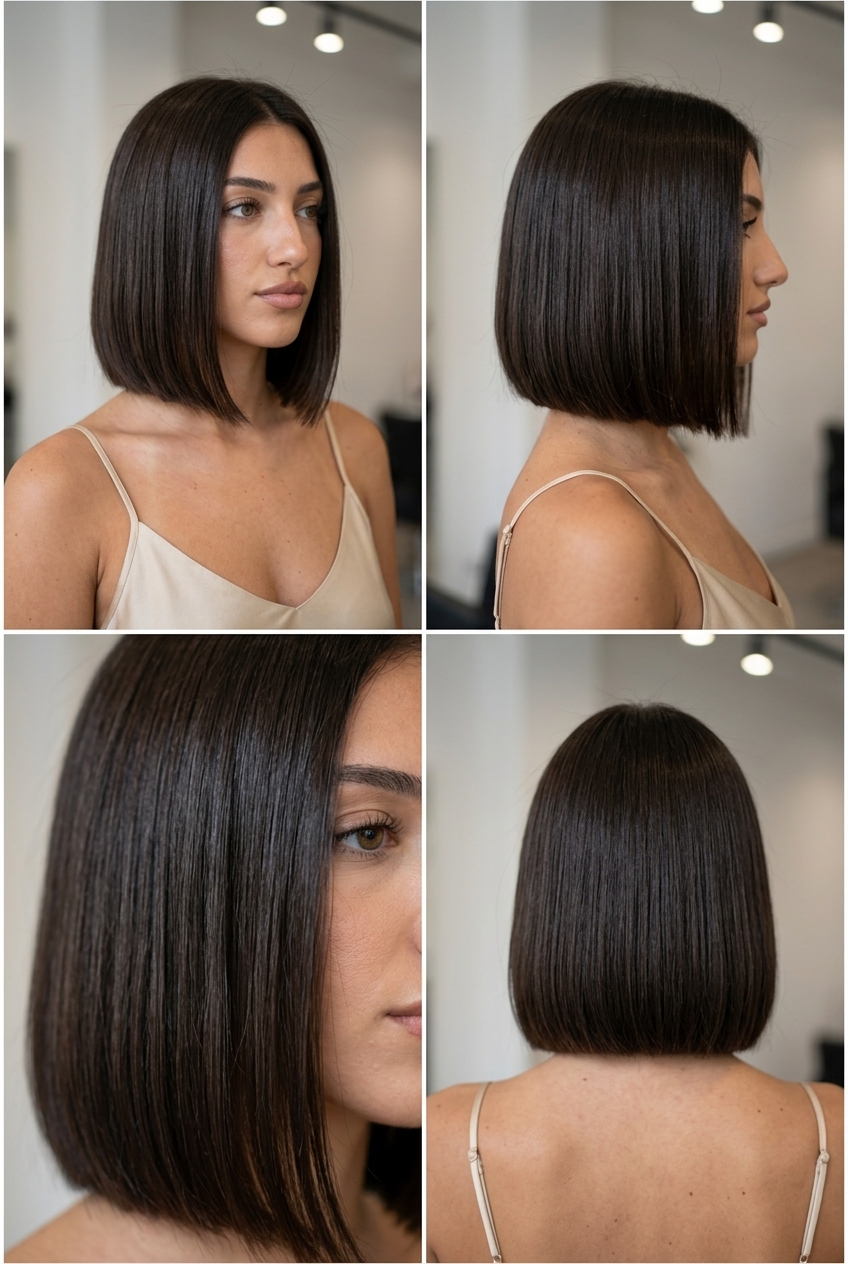 chin-length blunt bob haircut with deep espresso, high-gloss finish, no fringe for bold sleekness