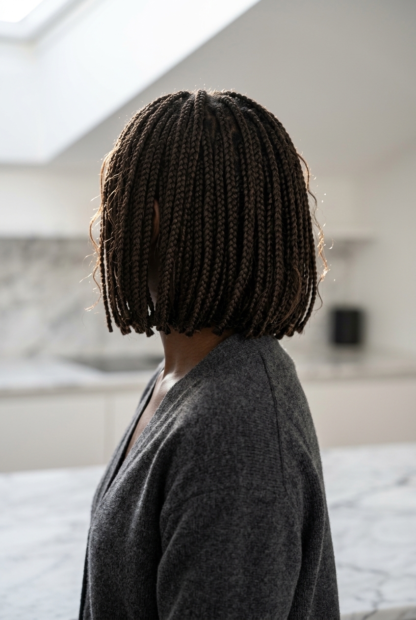 chin-length box braids hairstyle in deep espresso, blunt cut ends, no fringe — minimalist professional