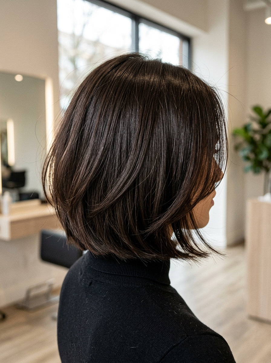 chin-length shag bob with deep espresso, seamless internal layers and no fringe for sophisticated everyday chic