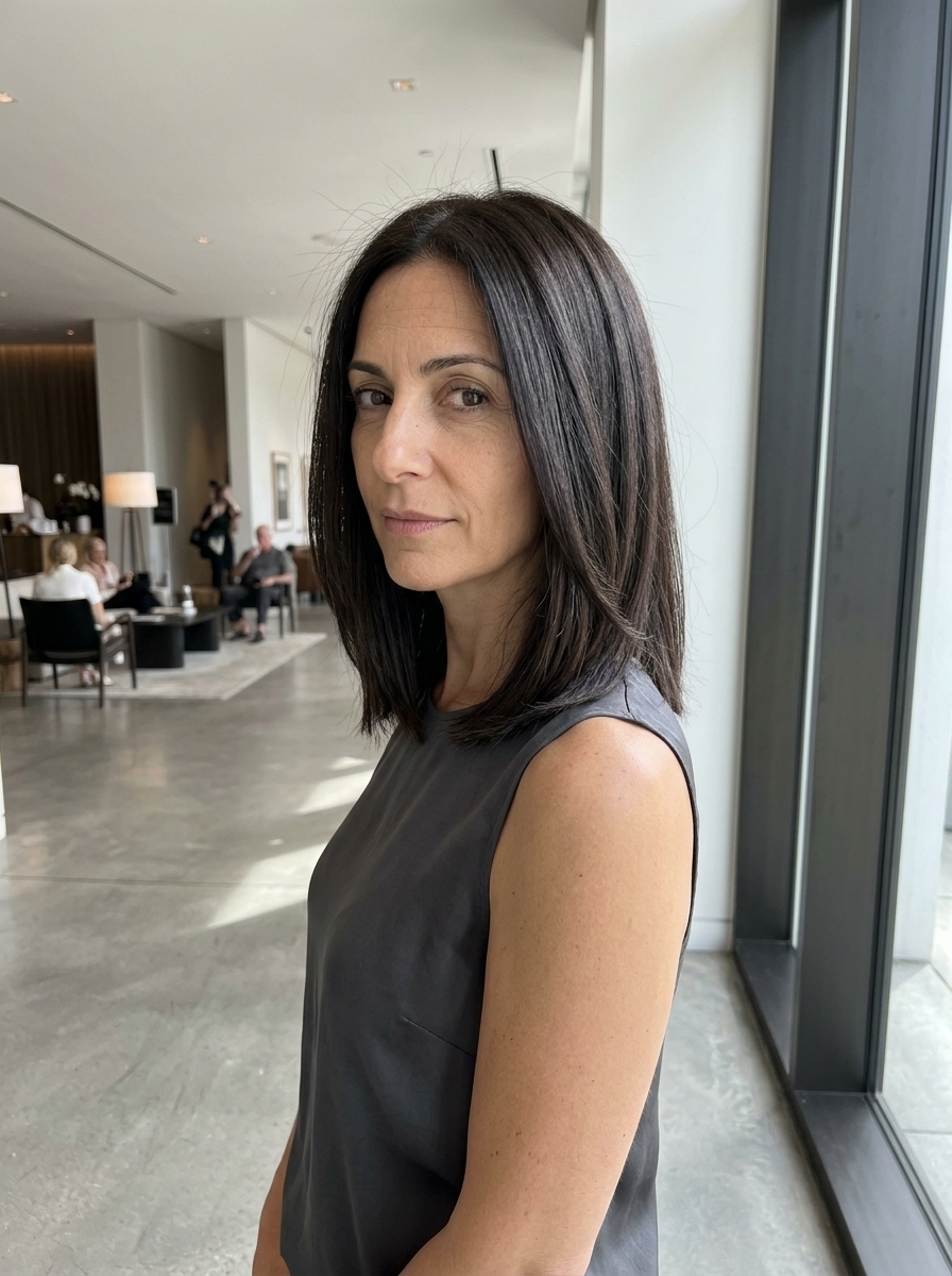 Sculpted Midi Lob: Deep Espresso Hair 2026 collarbone-length lob haircut with deep espresso, cool ash undertones, sculpted layers — chic polished look