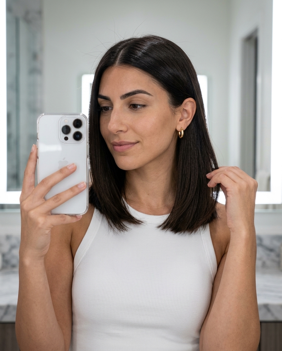 collarbone-length espresso lob with blunt cut, no layers, center part — sophisticated professional style