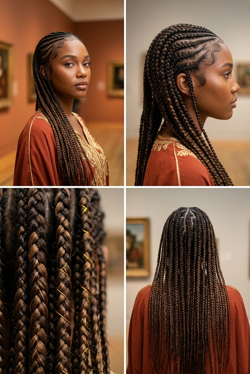 extra-long fulani braids hairstyle in espresso brunette, caramel balayage, sculpted baby hairs — elegant regal