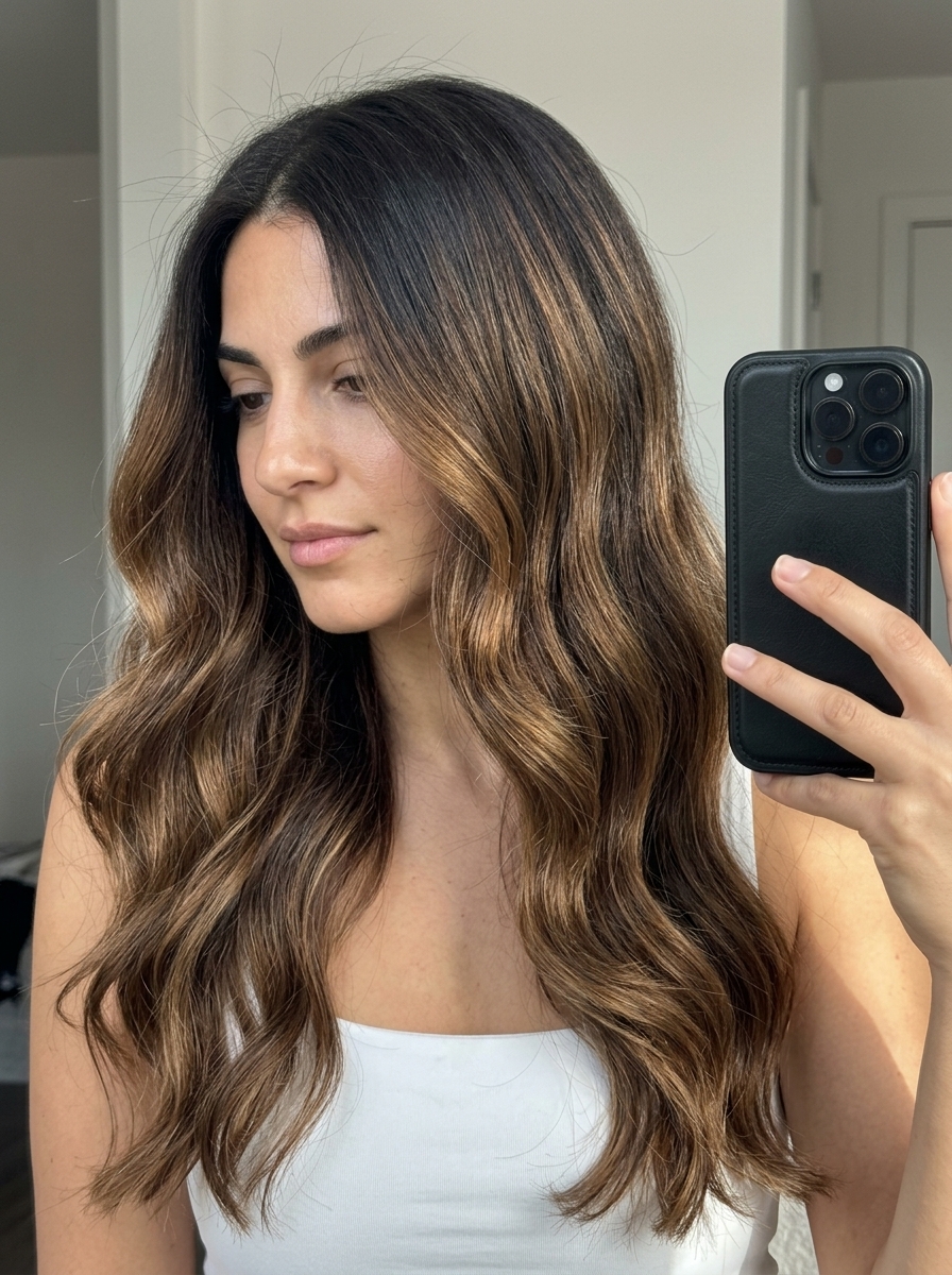 Espresso Gold Melt Long Waves 2026 long layered hair with espresso gold melt hair color, deep espresso roots to golden bronze ends, no fringe — glamorous and romantic