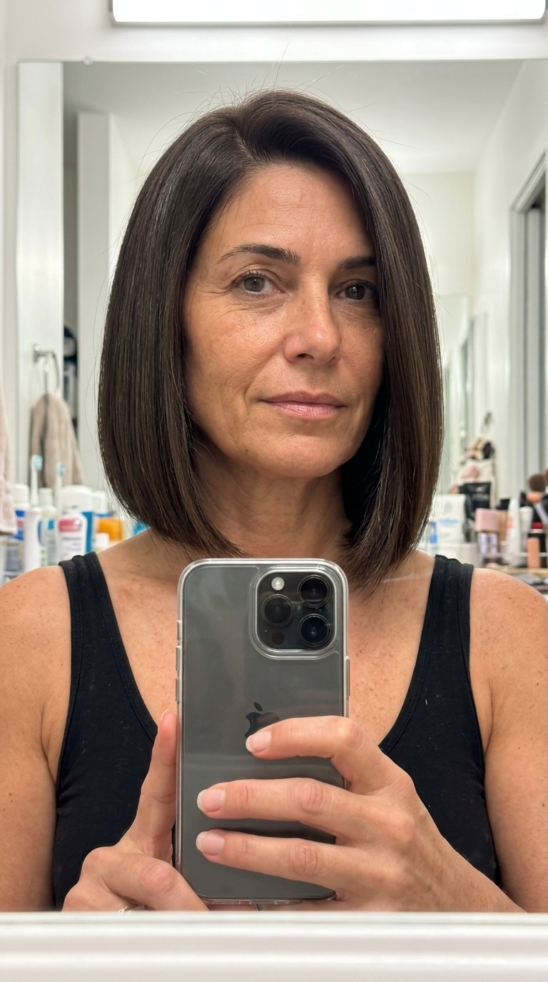 jaw-length blunt bob haircut with espresso brunette and high-gloss finish, slight graduation and deep side part for powerful look