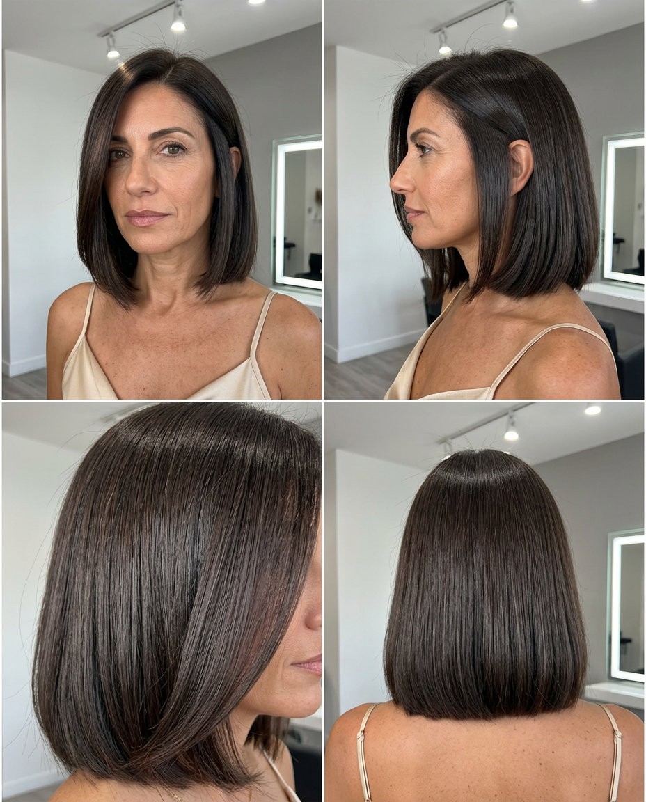 jaw-length bob haircut with deep espresso and high-gloss finish, razor-sharp blunt perimeter and deep side part for sharp style