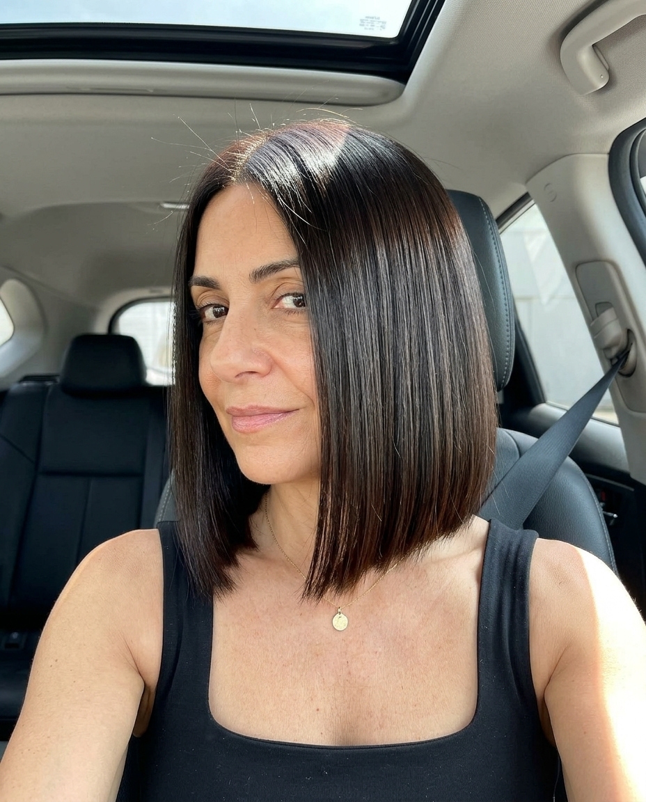 jaw-length blunt bob haircut with deep espresso and high-gloss sheen, sharp blunt perimeter and deep side part for classy style