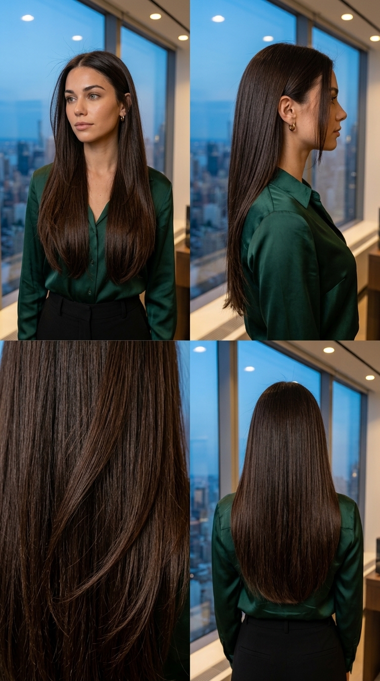 Polished Espresso Cascade Hairstyle 2026 long one-length blunt cut espresso brown with high-gloss finish, no bangs, center part — professional minimalist look