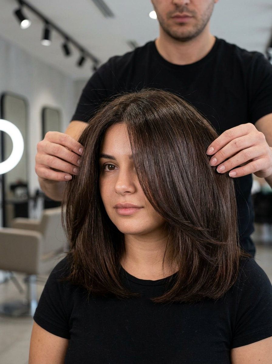 Lustrous Espresso Hair Color 2026 long espresso brown with subtle warmth, demi-permanent glaze, blunt cut for professional wear