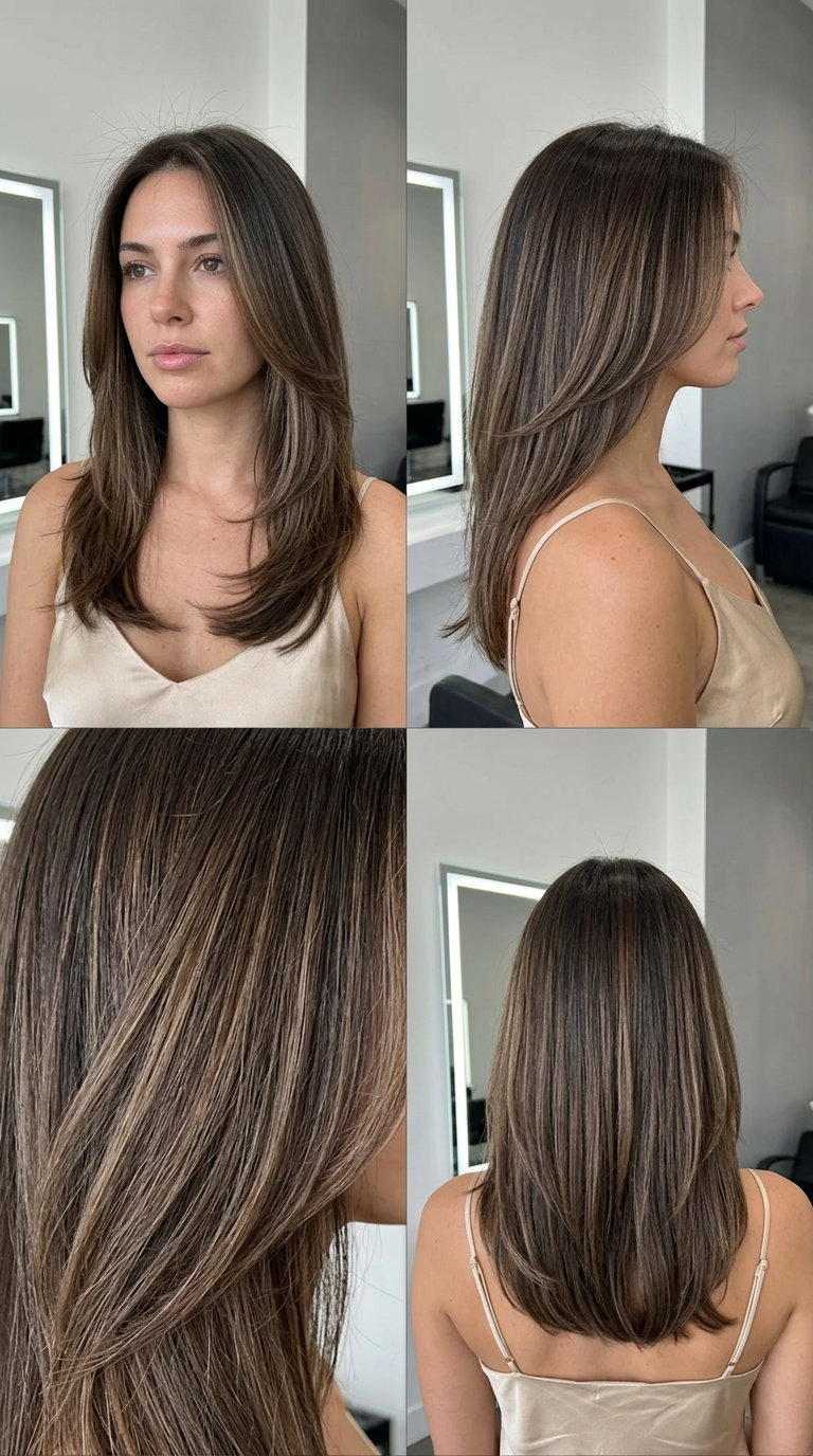 Cold Brew Brunette Layers 2026: Modern Blend long layered espresso brunette with neutral brown foilyage for summer
