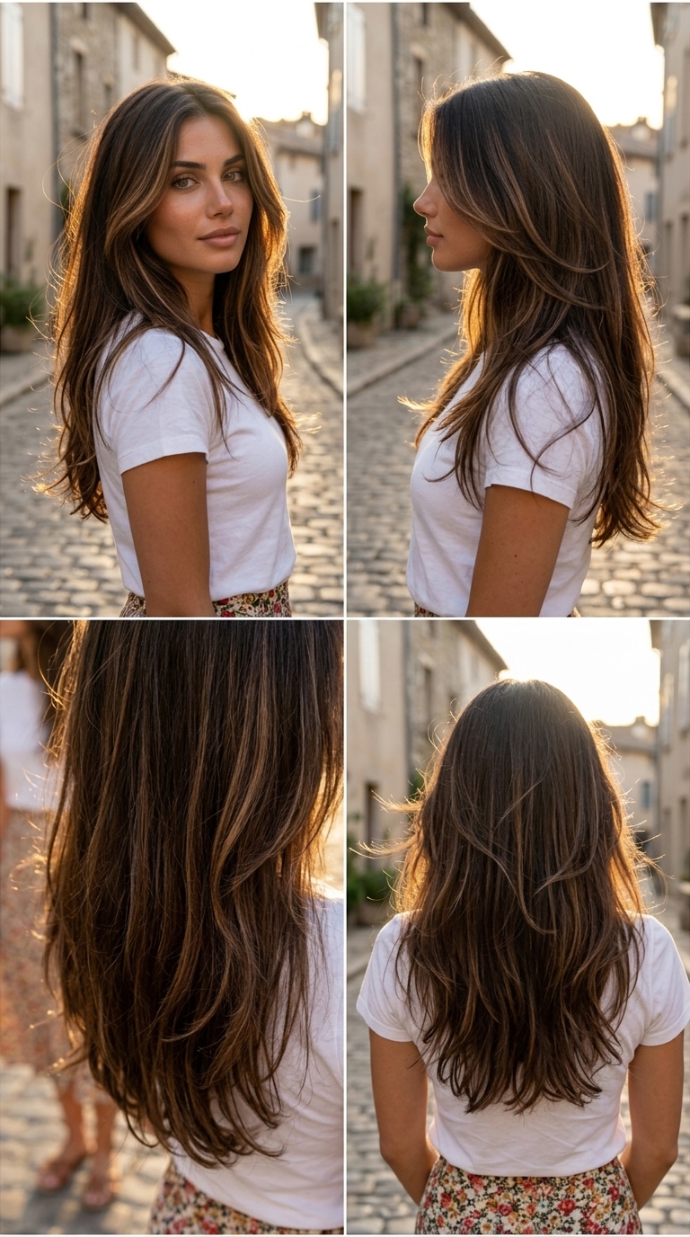 Effortless Brunette: Caramel Balayage 2026 Long layered hairstyle in espresso brunette with caramel balayage for summer