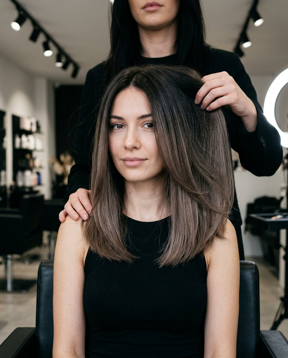 Espresso to Mushroom Ombre Hair 2026 long reverse ombre hair color with espresso root, mushroom brown ends, and sleek cut for sophisticated look
